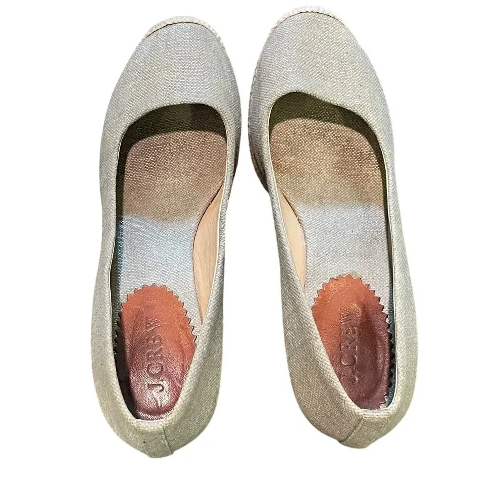 J. Crew Seville Espadrille Canvas Wedge, Beige /Gray Metallic, Classic, Size 9